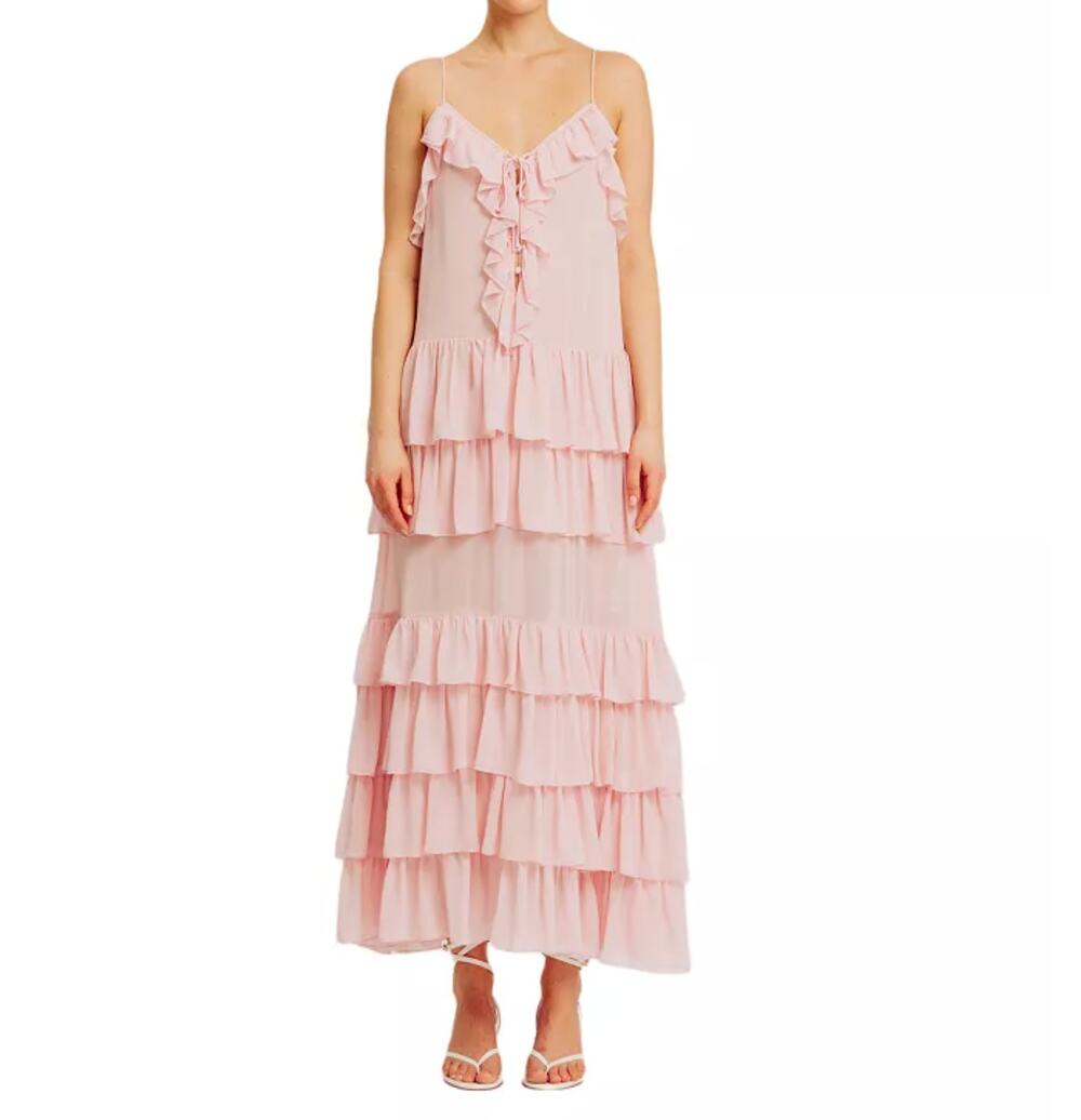 Torn by Ronny Kobo Orcadia Dress Light Pink Ruffle Maxi Gown SMALL Sleeveless